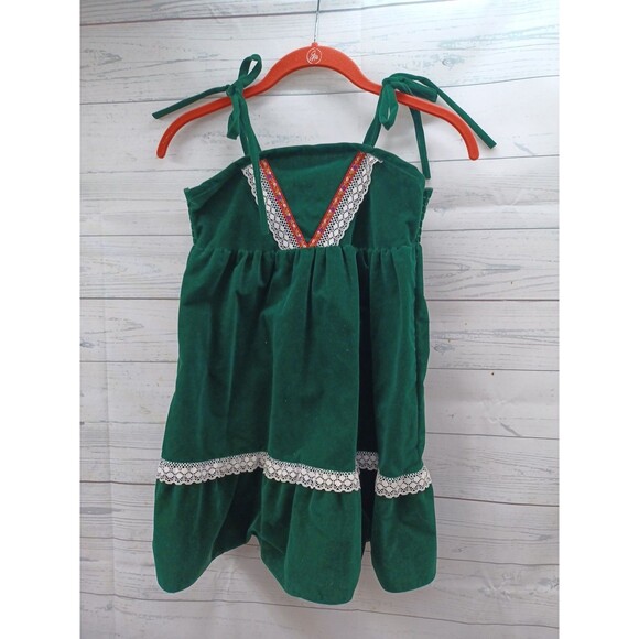 Unbranded Other - Vtg 60s Girls Emerald Green Velvet Dress Sz 7 Lace Spaghetti Straps Cottagecore